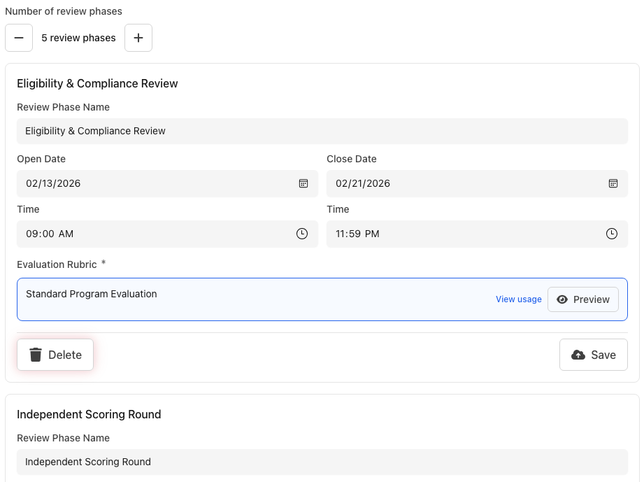 New Empact Work awards review phase configuration page