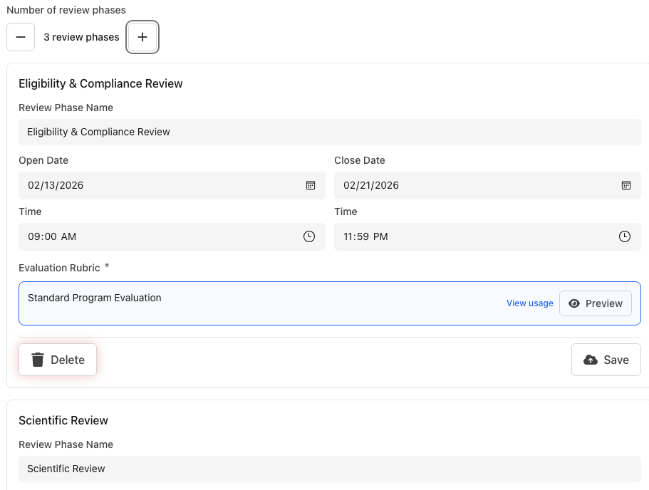 New Empact Work grants review phase configuration page