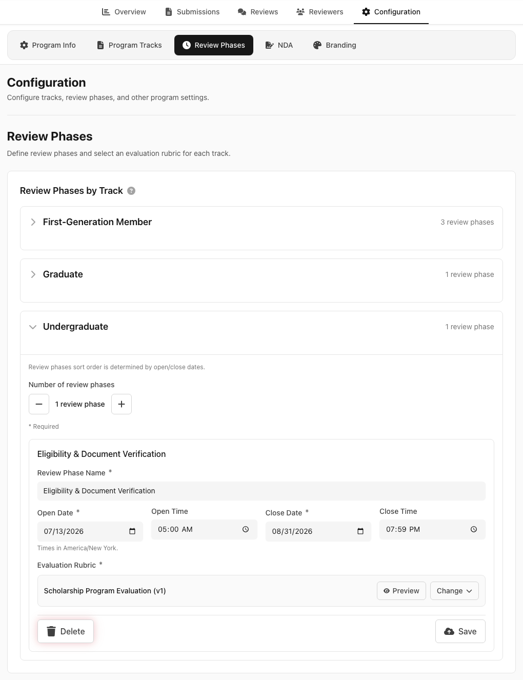 New Empact Work scholarship review phase configuration page