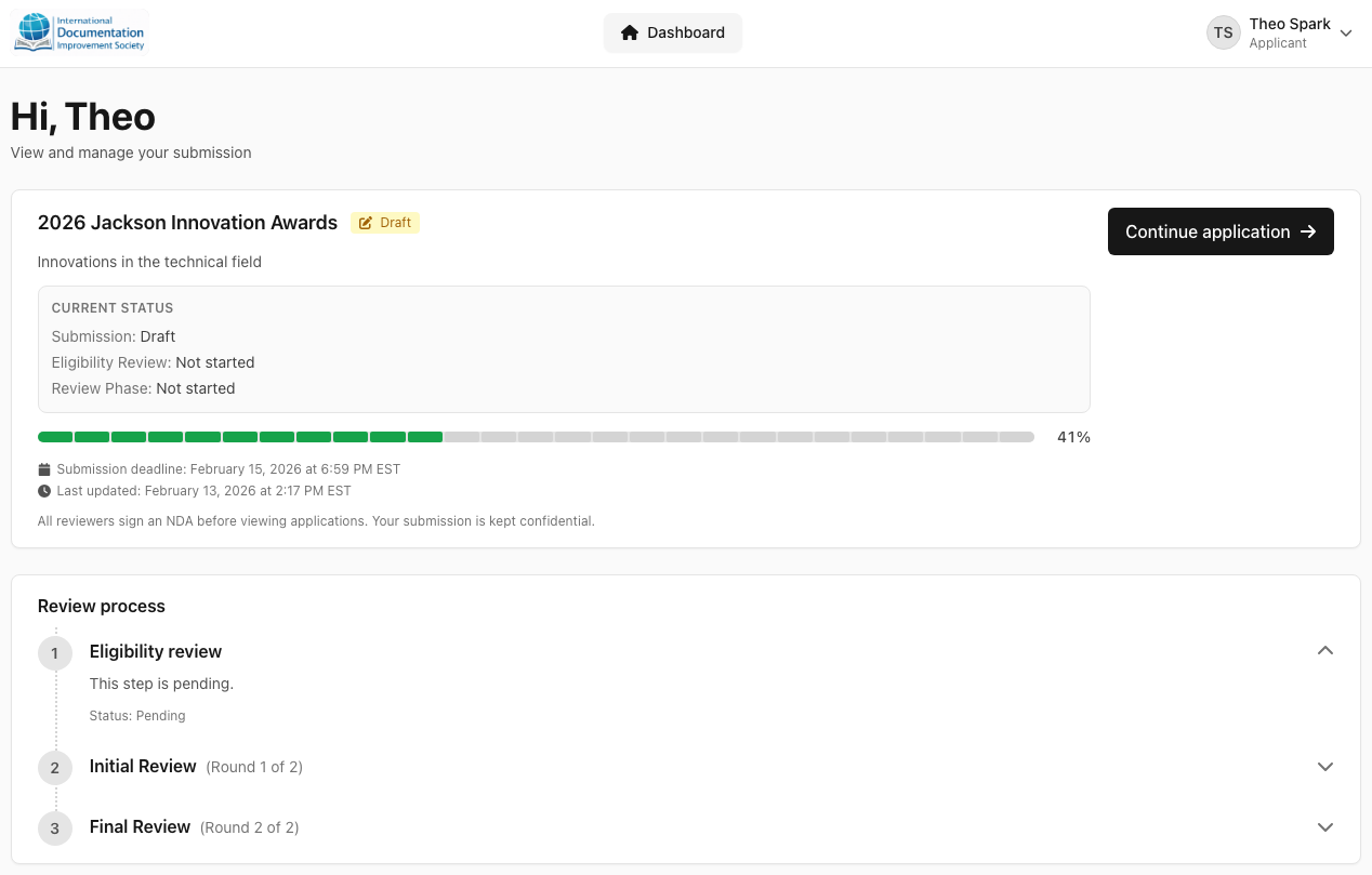 New Empact Work applicant dashboard showing submission and program status for association innovation and awards programs